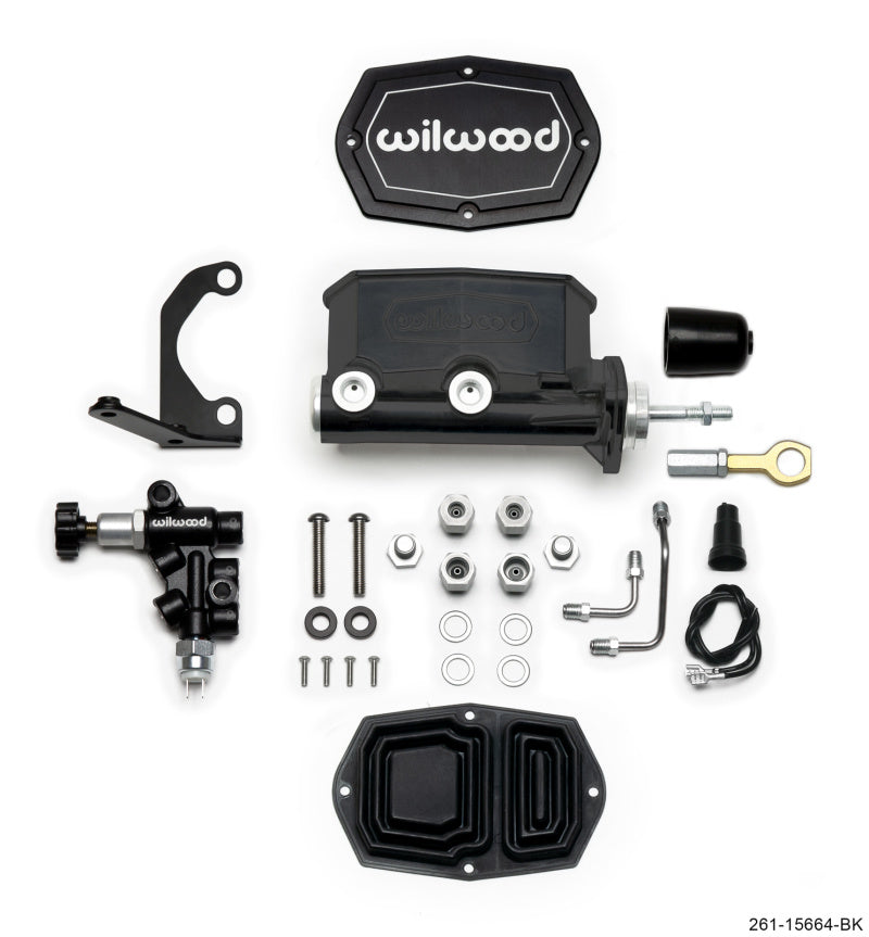 Wilwood Compact Tandem M/C - 1in Bore w/Bracket and Valve fits Mustang (Pushrod) - Black