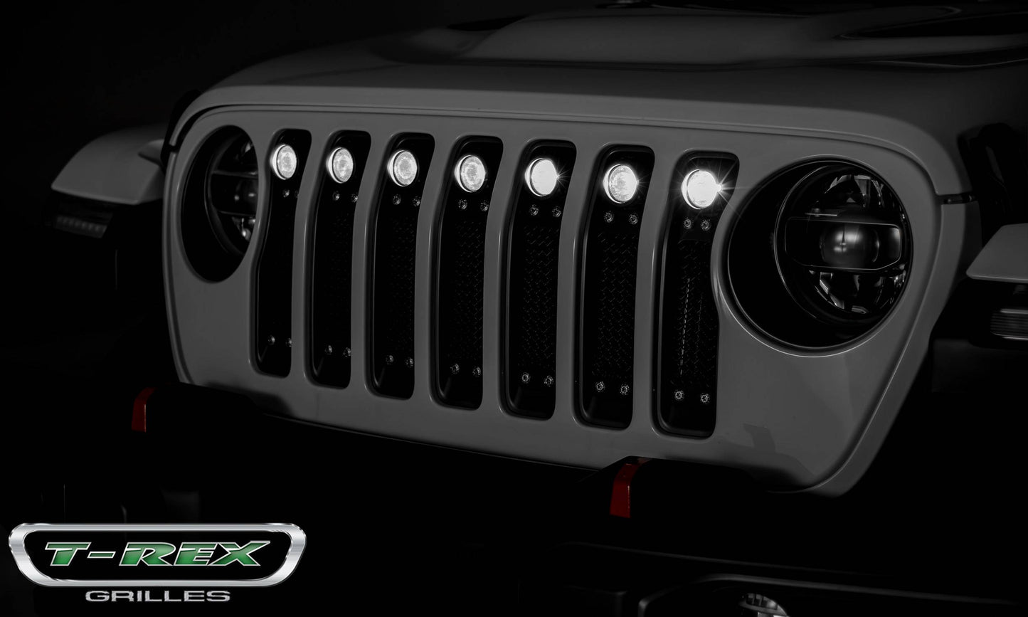 T-Rex Torch Series 2018-up Jeep Wrangler JL Black Powdercoat Insert with Chrome Studs and (7) 2" LED Lights