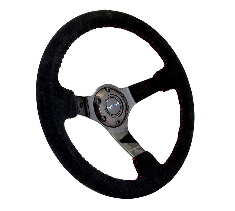 NRG Race Series Steering Wheel Black Suede, Red Stitch, Black Chrome Spoke (350mm)