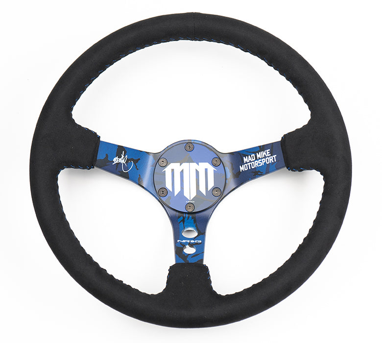 NRG Mad Mike Steering Wheel (3" Deep) Black Alcantara, Blue Stitching (350mm)