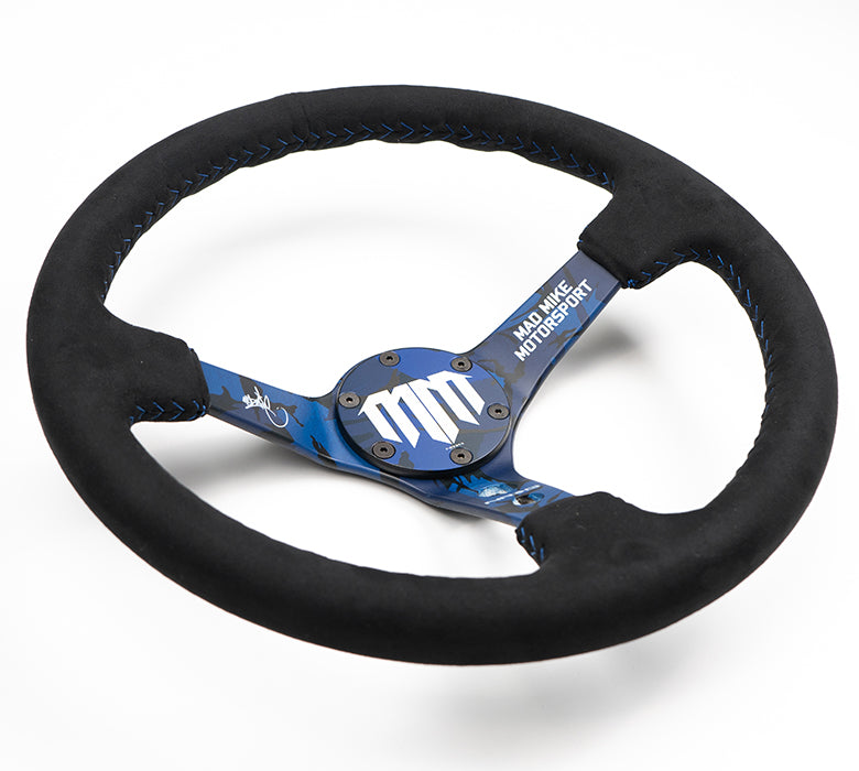 NRG Mad Mike Steering Wheel (3" Deep) Black Alcantara, Blue Stitching (350mm)