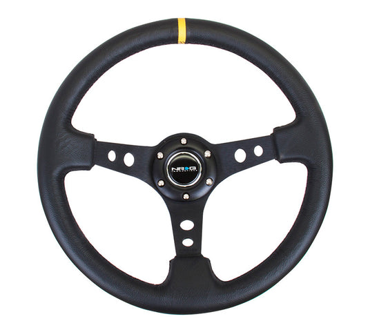 NRG ST-006 Series Steering Wheel (3" Deep) Black Leather, Black 3 Spoke, Yellow Center Marking (350mm)