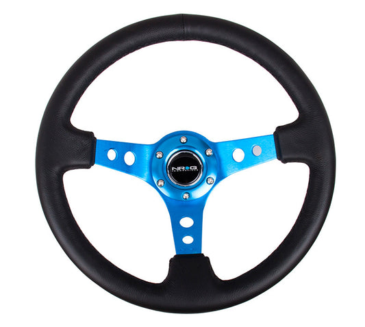 NRG ST-006 Series Steering Wheel (3" Deep) Black Leather, Blue 3 Spoke (350mm)