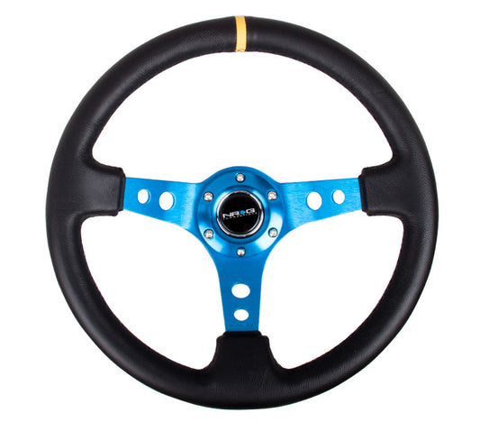 NRG ST-006 Series Steering Wheel (3" Deep) Black Leather, Blue 3 Spoke, Yellow Center Marking (350mm)