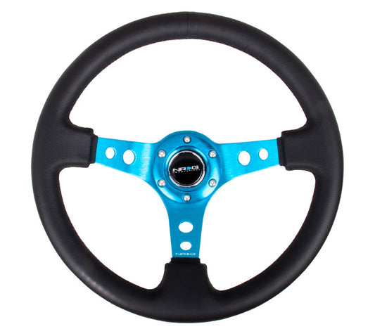 NRG ST-006 Series Steering Wheel (3" Deep) Black Leather, New Blue 3 Spoke (350mm)