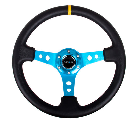 NRG ST-006 Series Steering Wheel (3" Deep) Black Leather, New Blue 3 Spoke, Yellow Center Marking (350mm)