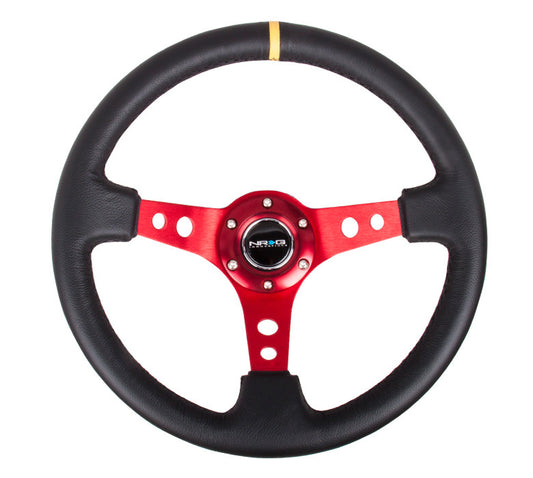 NRG ST-006 Series Steering Wheel (3" Deep) Black Leather, Red 3 Spoke, Yellow Center Marking (350mm)