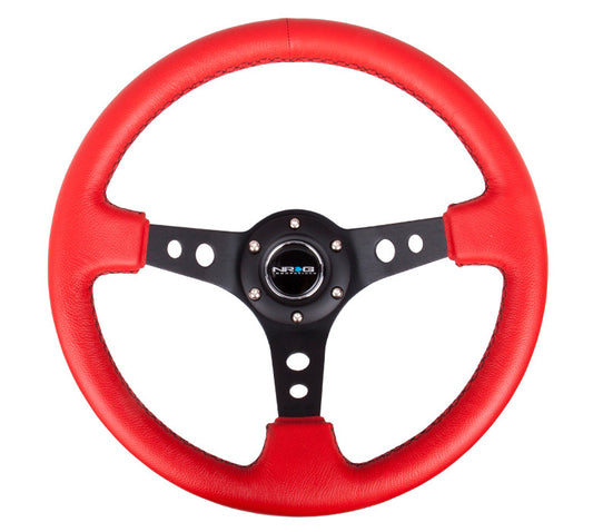 NRG ST-006 Series Steering Wheel (3" Deep) Red Leather, Black Stitching, Black 3 Spoke (350mm)