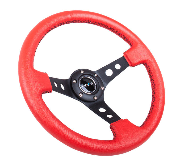 NRG ST-006 Series Steering Wheel (3" Deep) Red Leather, Black Stitching, Black 3 Spoke (350mm)