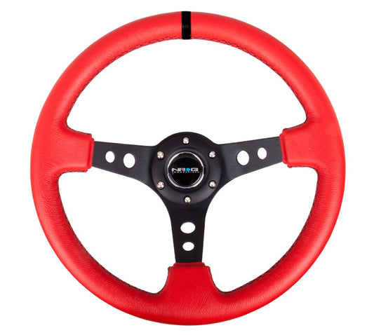 NRG ST-006 Series Steering Wheel (3" Deep) Red Leather, Black Stitching, Black 3 Spoke, Black Center Marking (350mm)