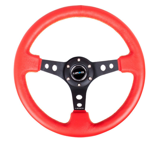 NRG ST-006 Series Steering Wheel (3" Deep) Red Leather, Yellow Stitching, Black 3 Spoke (350mm)