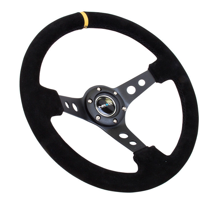 NRG ST-006 Series Steering Wheel (3" Deep) Black Suede, Black 3 Spoke, Yellow Center Marking (350mm)