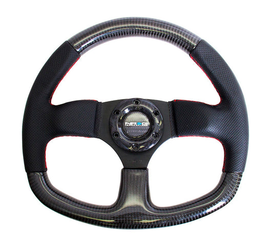 NRG Carbon Fiber Series Steering Wheel Carbon Fiber/Air Leather with Red Stitching (320mm) Flat Bottom