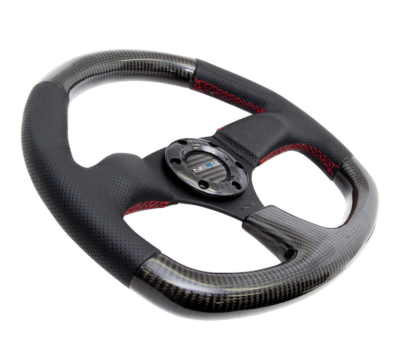 NRG Carbon Fiber Series Steering Wheel Carbon Fiber/Air Leather with Red Stitching (320mm) Flat Bottom