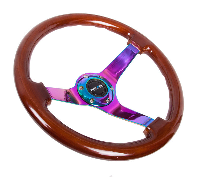 NRG Deep Dish Series Steering Wheel (3" Deep) Classic Dark Wood Grain, Neo Chrome 3 Spoke Center (350mm)