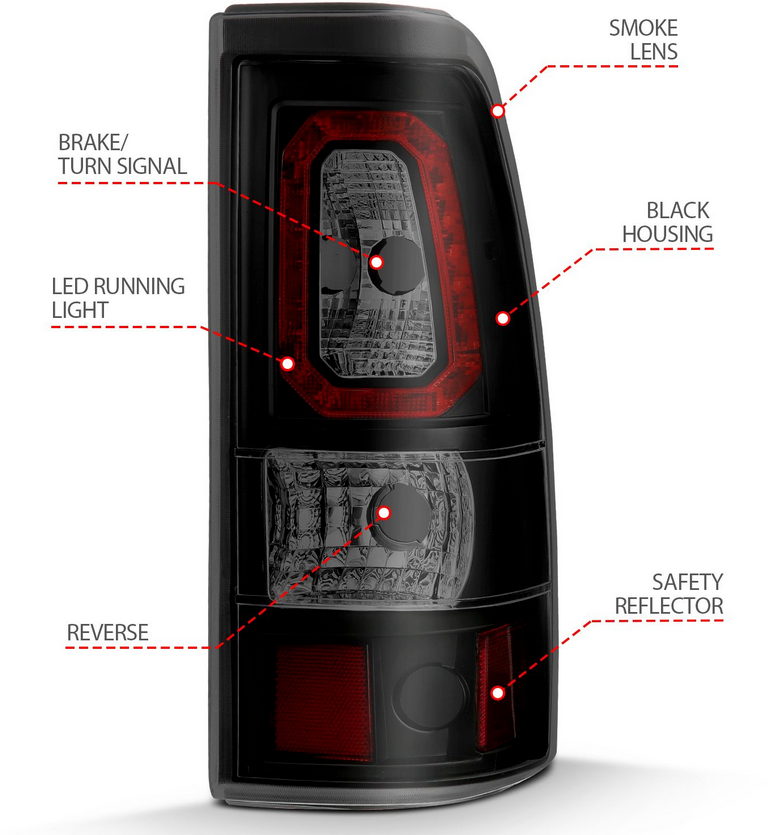 Anzo 2003-2006 Chevy Silverado 1500-2500-3500 SINGLE REAR WHEEL LED TAIL LIGHTS PLANK STYLE IN BLACK HOUSING WITH SMOKE LENS (DOES NOT FIT DUALLY MODELS)