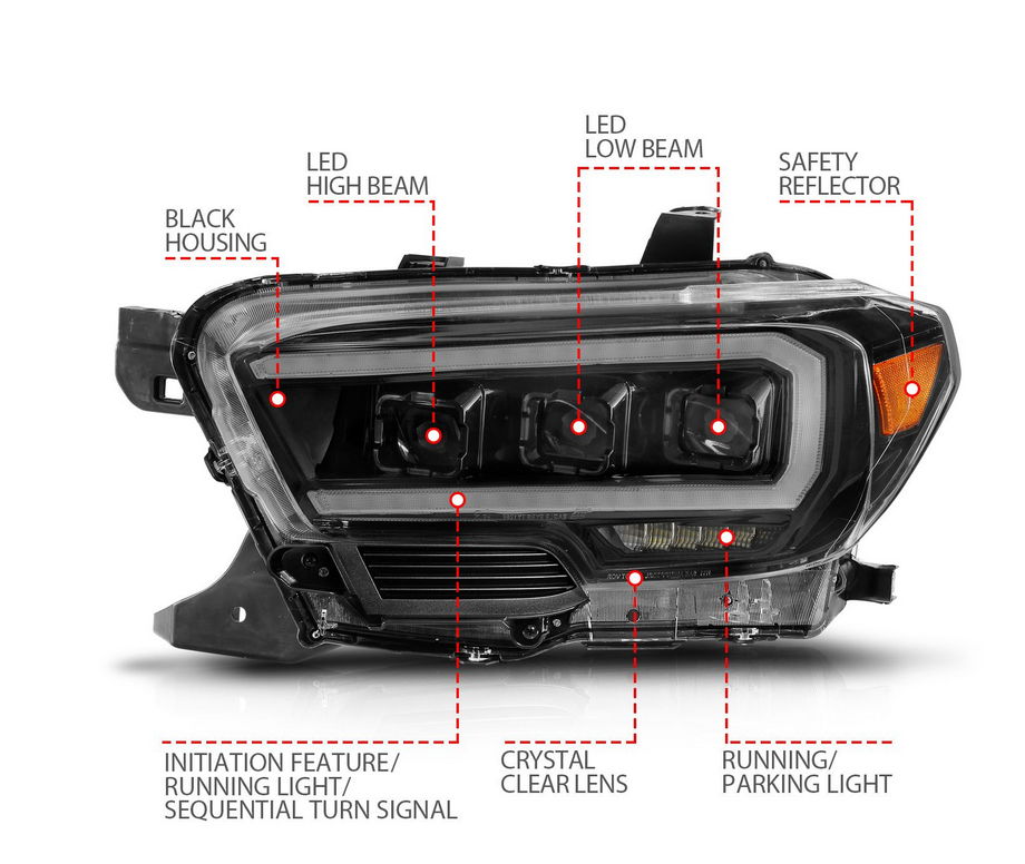 2016-2022 Toyota Tacoma Black Full LED Projector Plank Style Headlights w/ Initiation Feature & Sequential