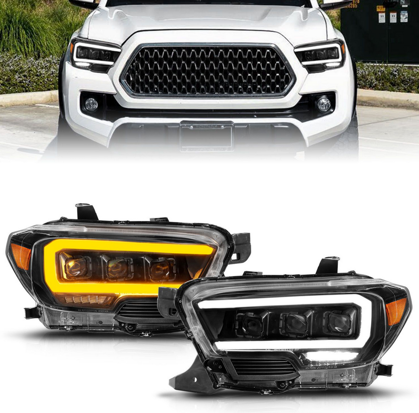 2016-2022 Toyota Tacoma Black Full LED Projector Plank Style Headlights w/ Initiation Feature & Sequential