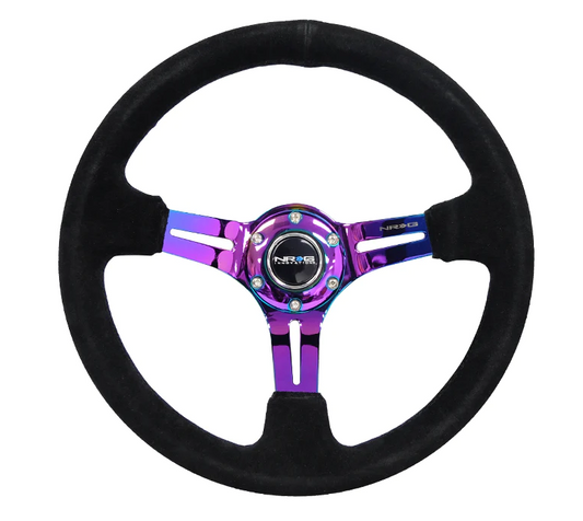 NRG Reinforced Steering Wheel (350mm / 3in. Deep) Blk Suede/Blk Stitch w/Neochrome Slits