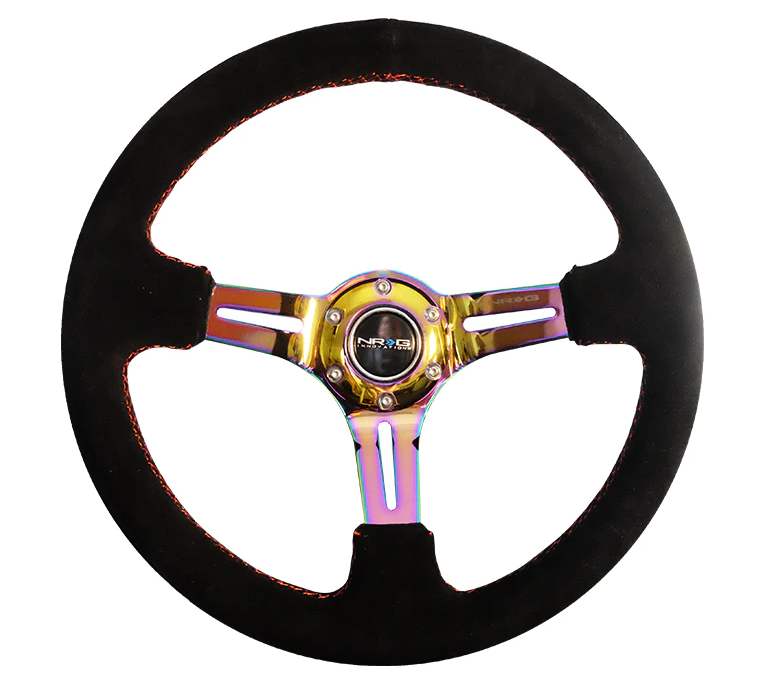 NRG Reinforced Steering Wheel (350mm / 3in. Deep) Blk Suede/Red Stitch w/Neochrome Slits