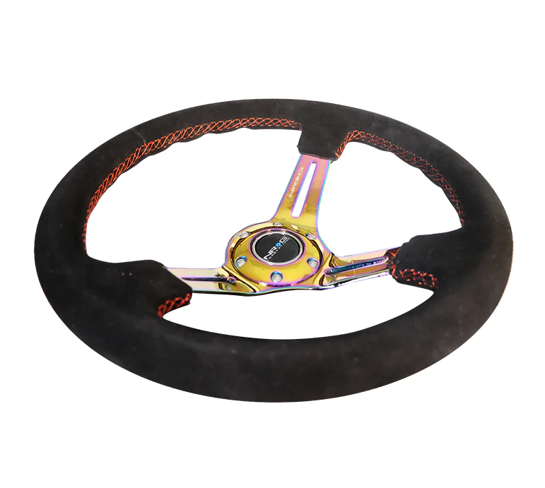 NRG Reinforced Steering Wheel (350mm / 3in. Deep) Blk Suede/Red Stitch w/Neochrome Slits