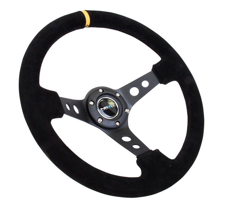 NRG Reinforced Steering Wheel (350mm / 3in. Deep) Blk Suede w/Circle Cut Spokes & Single Yellow Center Mark