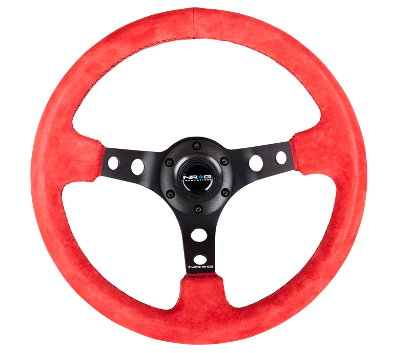 NRG Reinforced Steering Wheel (350mm / 3in. Deep) Red Suede w/Blk Circle Cutout Spokes