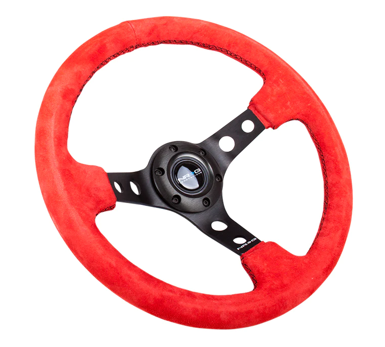 NRG Reinforced Steering Wheel (350mm / 3in. Deep) Red Suede w/Blk Circle Cutout Spokes