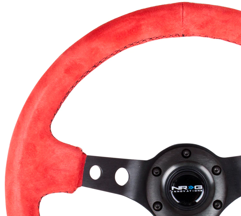 NRG Reinforced Steering Wheel (350mm / 3in. Deep) Red Suede w/Blk Circle Cutout Spokes