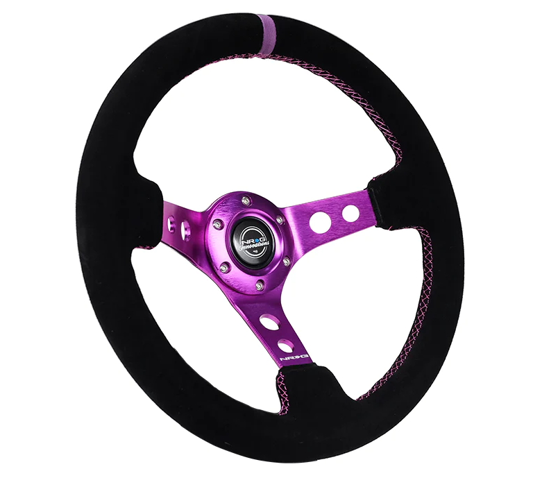 NRG Reinforced Steering Wheel (350mm / 3in. Deep) Black Suede w/Purple Center & Purple Stitching