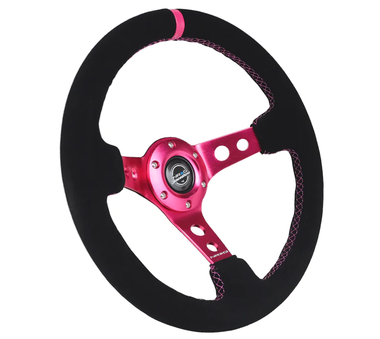 NRG Reinforced Steering Wheel (350mm/ 3in. Deep) Black Suede/ Fushia Center Mark/ Fushia Stitching