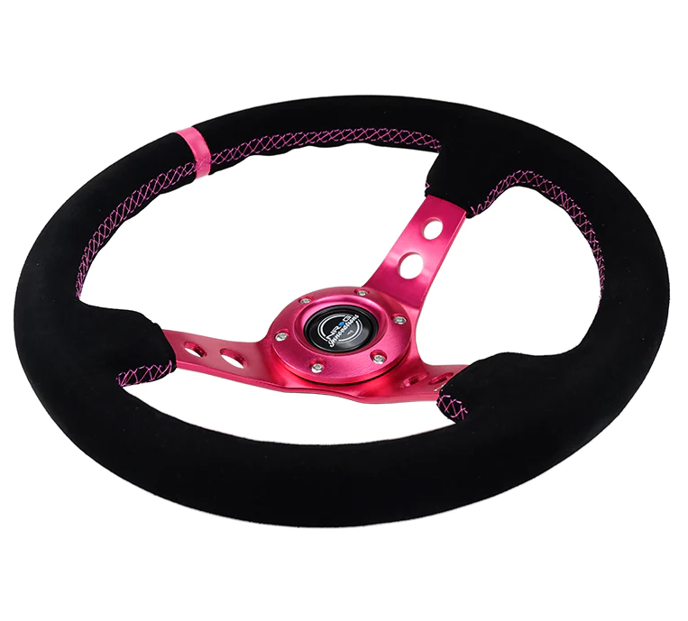 NRG Reinforced Steering Wheel (350mm/ 3in. Deep) Black Suede/ Fushia Center Mark/ Fushia Stitching