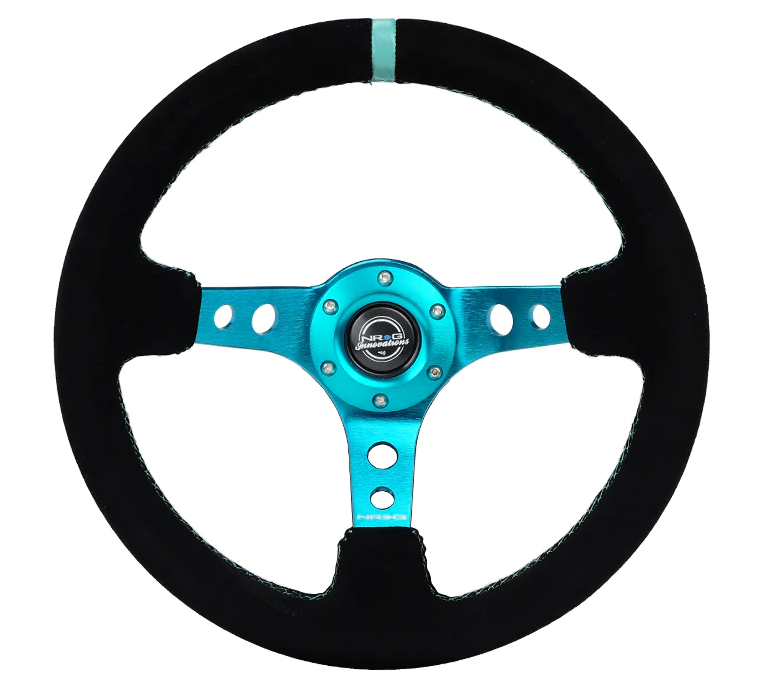 NRG Reinforced Steering Wheel (350mm/ 3in. Deep) Black Suede/ Teal Center Mark/ Teal Stitching