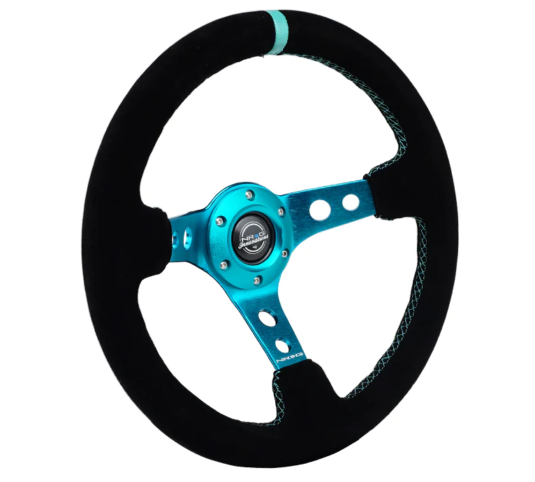 NRG Reinforced Steering Wheel (350mm/ 3in. Deep) Black Suede/ Teal Center Mark/ Teal Stitching