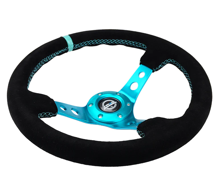 NRG Reinforced Steering Wheel (350mm/ 3in. Deep) Black Suede/ Teal Center Mark/ Teal Stitching