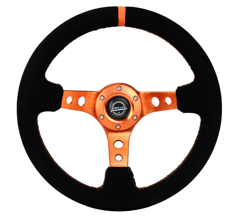 NRG Reinforced Steering Wheel (350mm/ 3in. Deep) Black Suede/ Orange Center Mark/ Orange Stitching