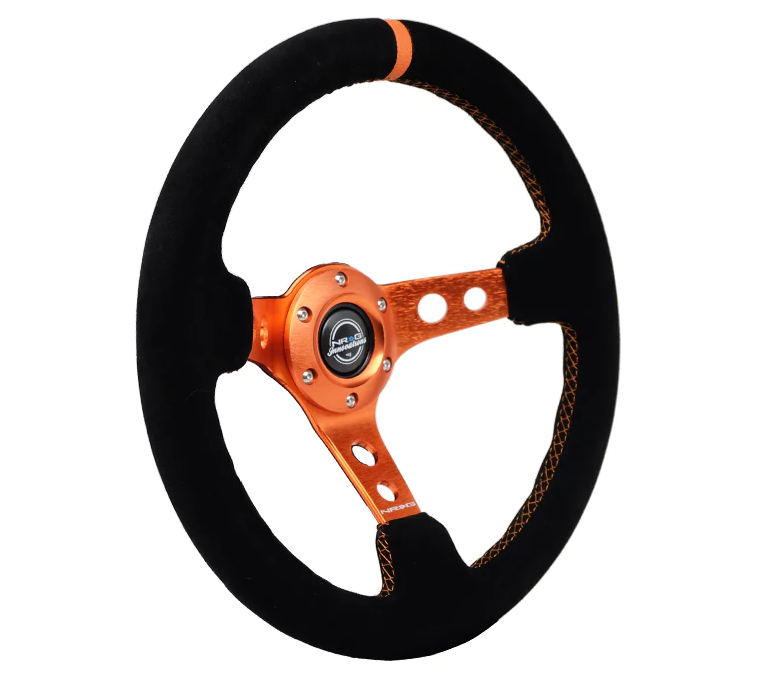 NRG Reinforced Steering Wheel (350mm/ 3in. Deep) Black Suede/ Orange Center Mark/ Orange Stitching