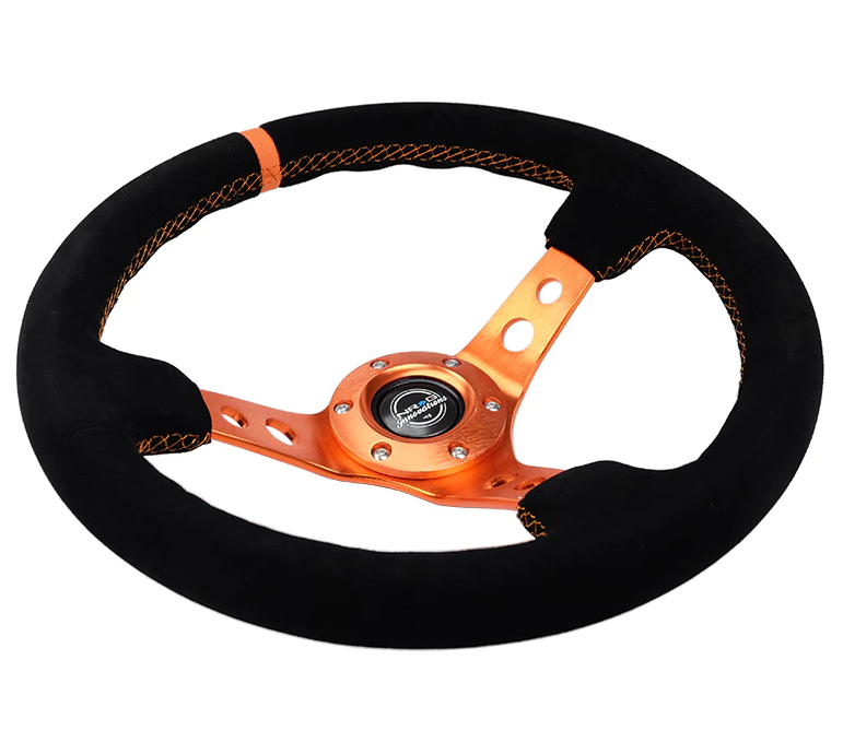 NRG Reinforced Steering Wheel (350mm/ 3in. Deep) Black Suede/ Orange Center Mark/ Orange Stitching