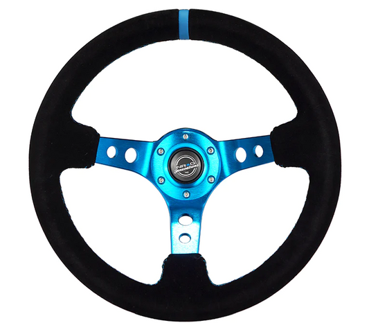 NRG Reinforced Steering Wheel (350mm) 3in Deep Blue Spoke W/ Holes - Black Suede Blue Stripe/Stitch