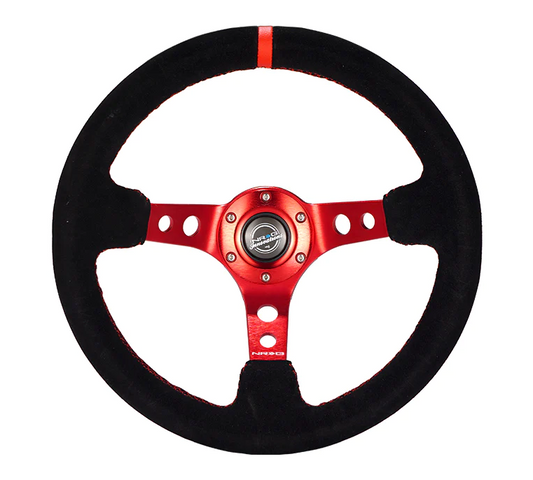 NRG Reinforced Steering Wheel (350mm / 3in. Deep) Blk Leather/Red Stitch w/Red Spoke