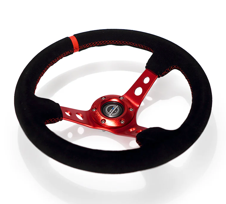 NRG Reinforced Steering Wheel (350mm / 3in. Deep) Blk Leather/Red Stitch w/Red Spoke