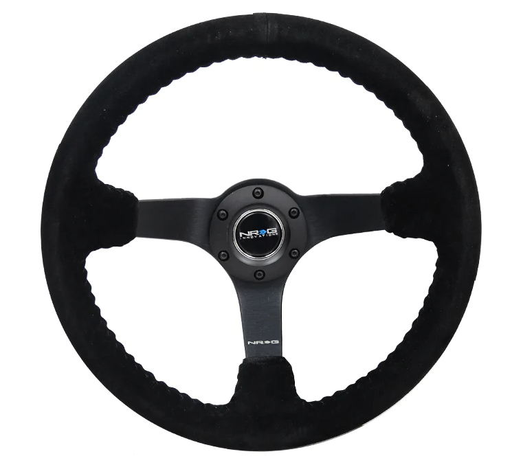 NRG Reinforced Steering Wheel (350mm / 3in. Deep) Blk Suede w/Blk BBall Stitch (Odi Bakchis Edition)