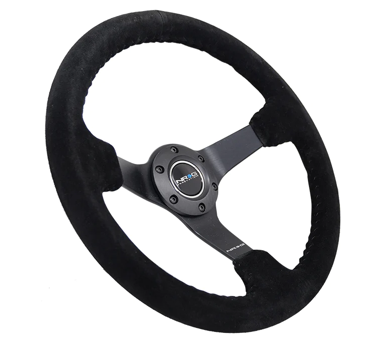 NRG Reinforced Steering Wheel (350mm / 3in. Deep) Blk Suede w/Blk BBall Stitch (Odi Bakchis Edition)