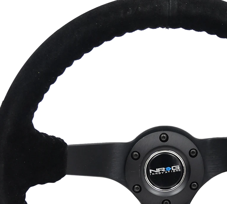 NRG Reinforced Steering Wheel (350mm / 3in. Deep) Blk Suede w/Blk BBall Stitch (Odi Bakchis Edition)