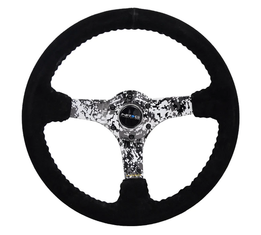 NRG Reinforced Steering Wheel (350mm / 3in. Deep) Blk Suede w/Hydrodipped Digi-Camo Spokes