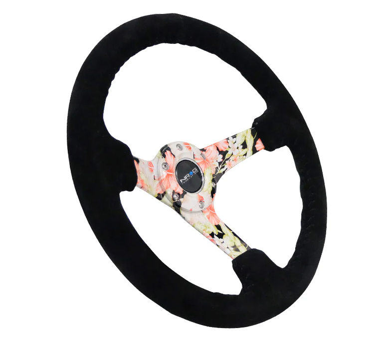 NRG Reinforced Steering Wheel (350mm / 3in. Deep) Blk Suede Floral Dipped w/ Blk Baseball Stitch