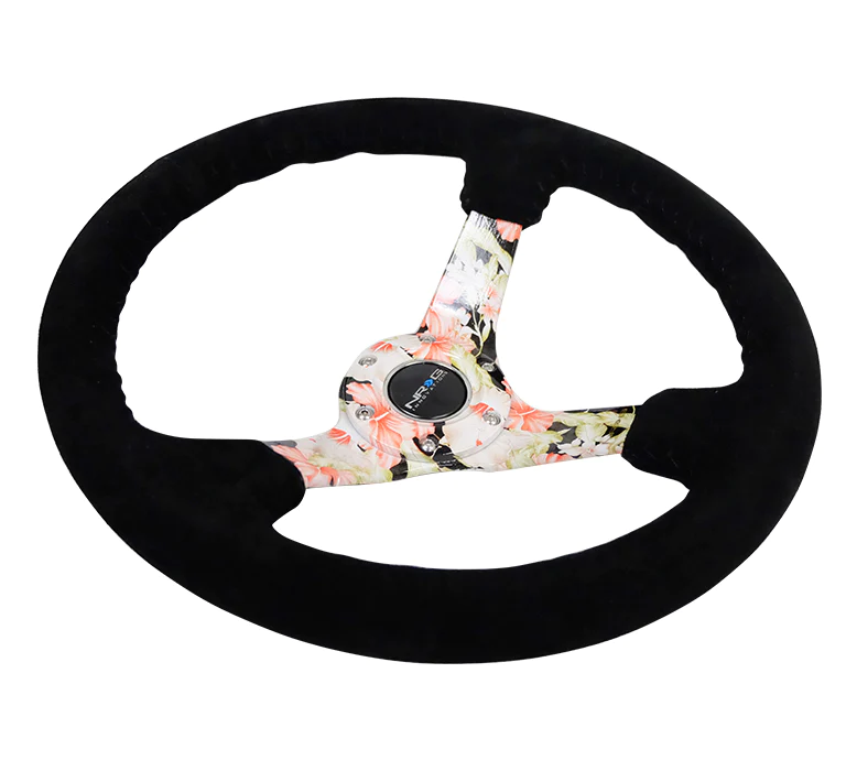 NRG Reinforced Steering Wheel (350mm / 3in. Deep) Blk Suede Floral Dipped w/ Blk Baseball Stitch