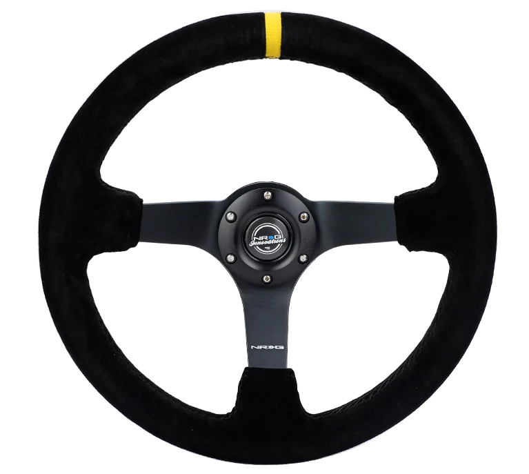 NRG Reinforced Steering Wheel (350mm / 3in. Deep) Blk Suede/X-Stitch w/5mm Blk Spoke & Yellow CM