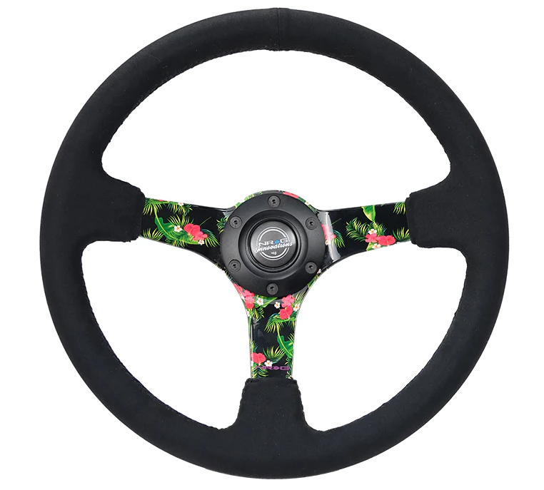 NRG Reinforced Steering Wheel (350mm / 3in. Deep) Black Suede w/ 5mm Floral 3-Spoke Center