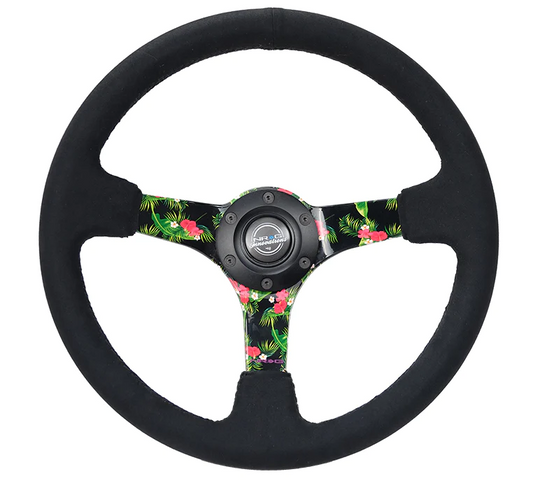 NRG Reinforced Steering Wheel (350mm / 3in. Deep) Black Suede w/ 5mm Floral 3-Spoke Center